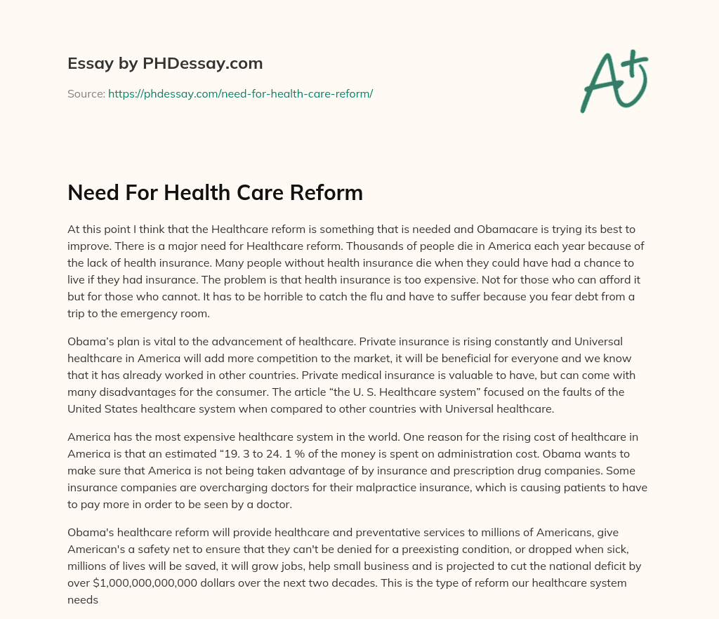 Need For Health Care Reform essay