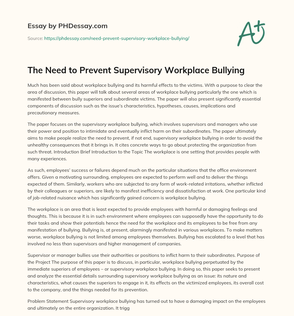 The Need to Prevent Supervisory Workplace Bullying essay