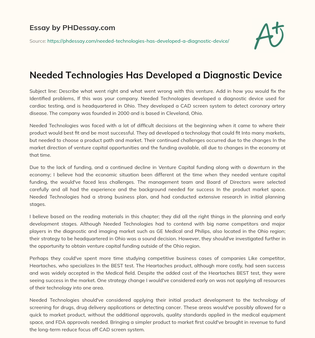 Needed Technologies Has Developed a Diagnostic Device essay