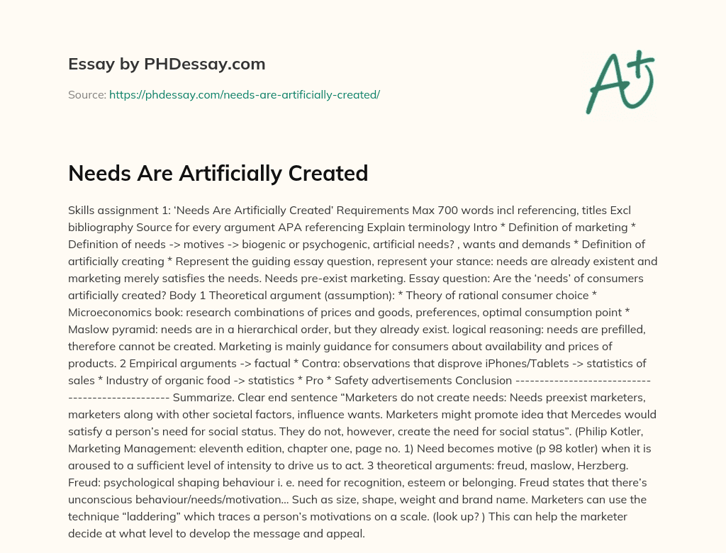 Needs Are Artificially Created essay