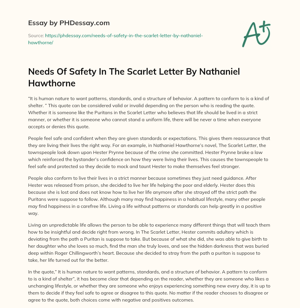 Needs Of Safety In The Scarlet Letter By Nathaniel Hawthorne essay