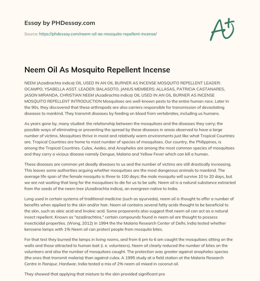 Neem Oil As Mosquito Repellent Incense essay