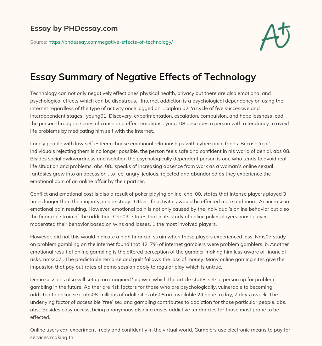 Essay Summary Of Negative Effects Of Technology 500 Words PHDessay