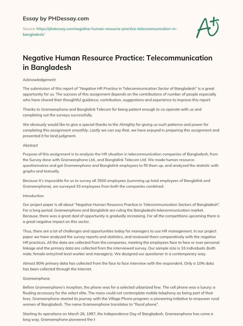 Negative Human Resource Practice: Telecommunication in Bangladesh essay