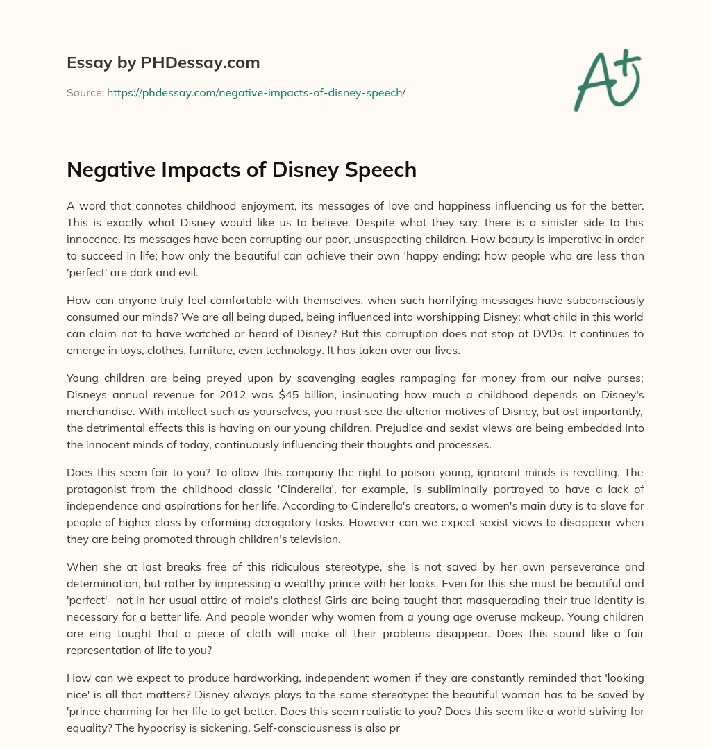 Negative Impacts of Disney Speech (600 Words)