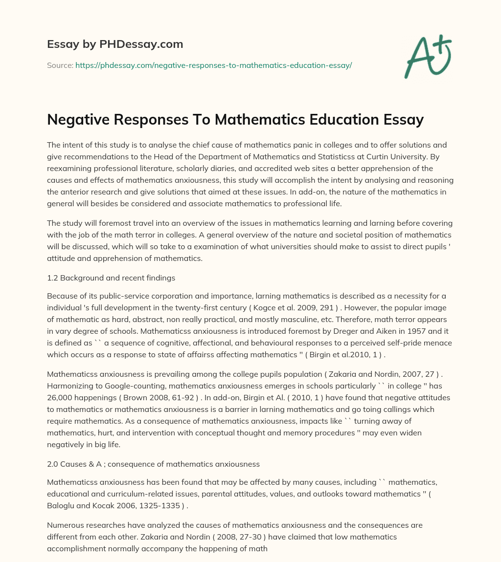 Negative Responses To Mathematics Education Essay essay