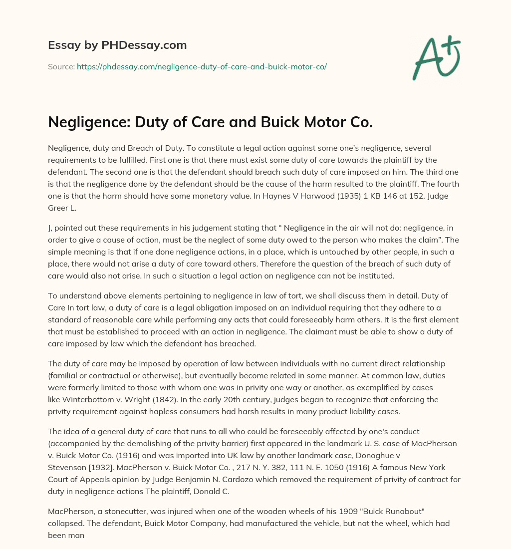 Negligence: Duty of Care and Buick Motor Co. essay