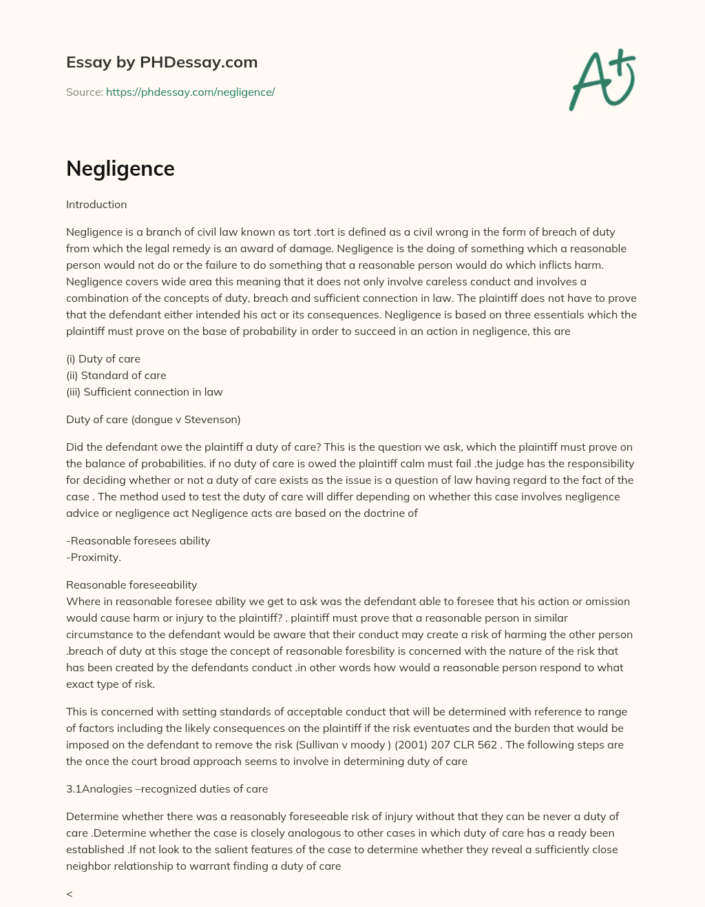 Understanding Negligence in Civil Law: Duty, Standard, and Connection essay