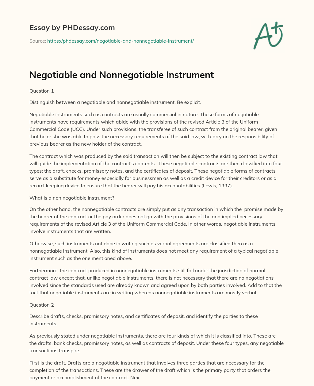 Negotiable and Nonnegotiable Instrument essay