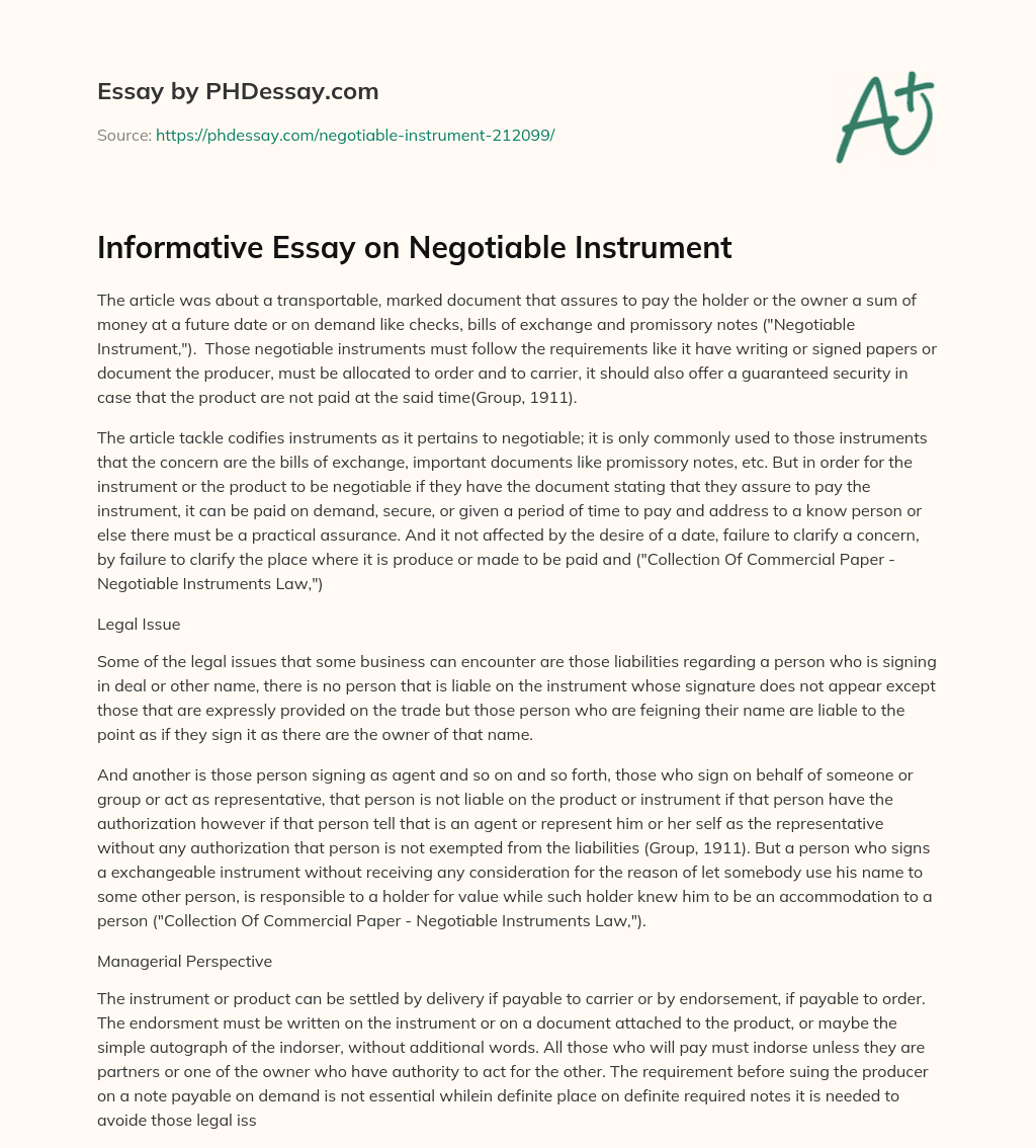 Informative Essay on Negotiable Instrument essay