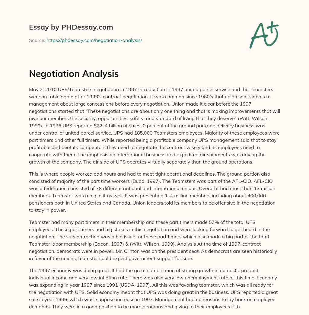 Negotiation Analysis essay