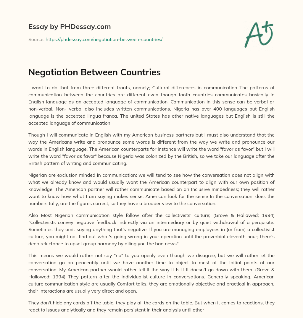 Negotiation Between Countries essay