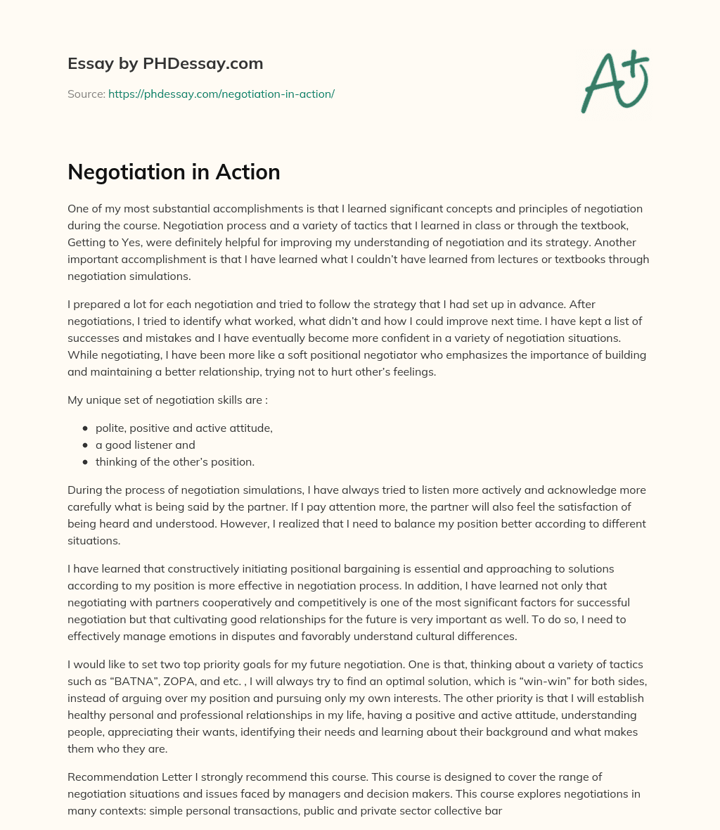 Negotiation in Action essay