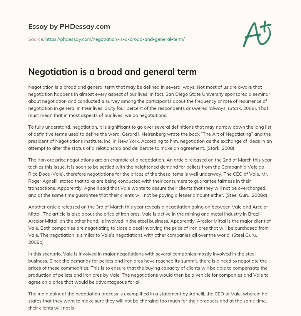 Negotiation is a broad and general term essay