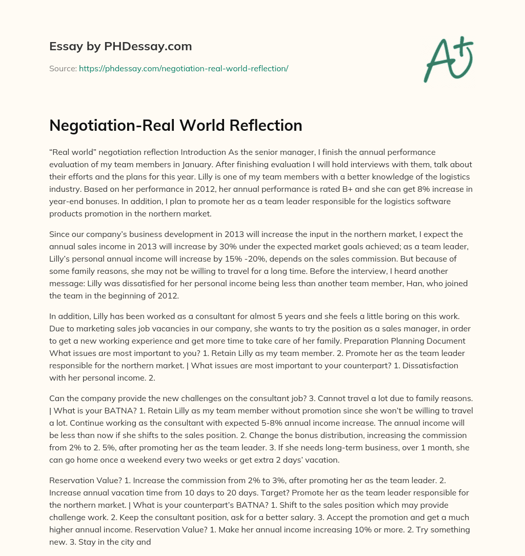 Negotiation-Real World Reflection essay