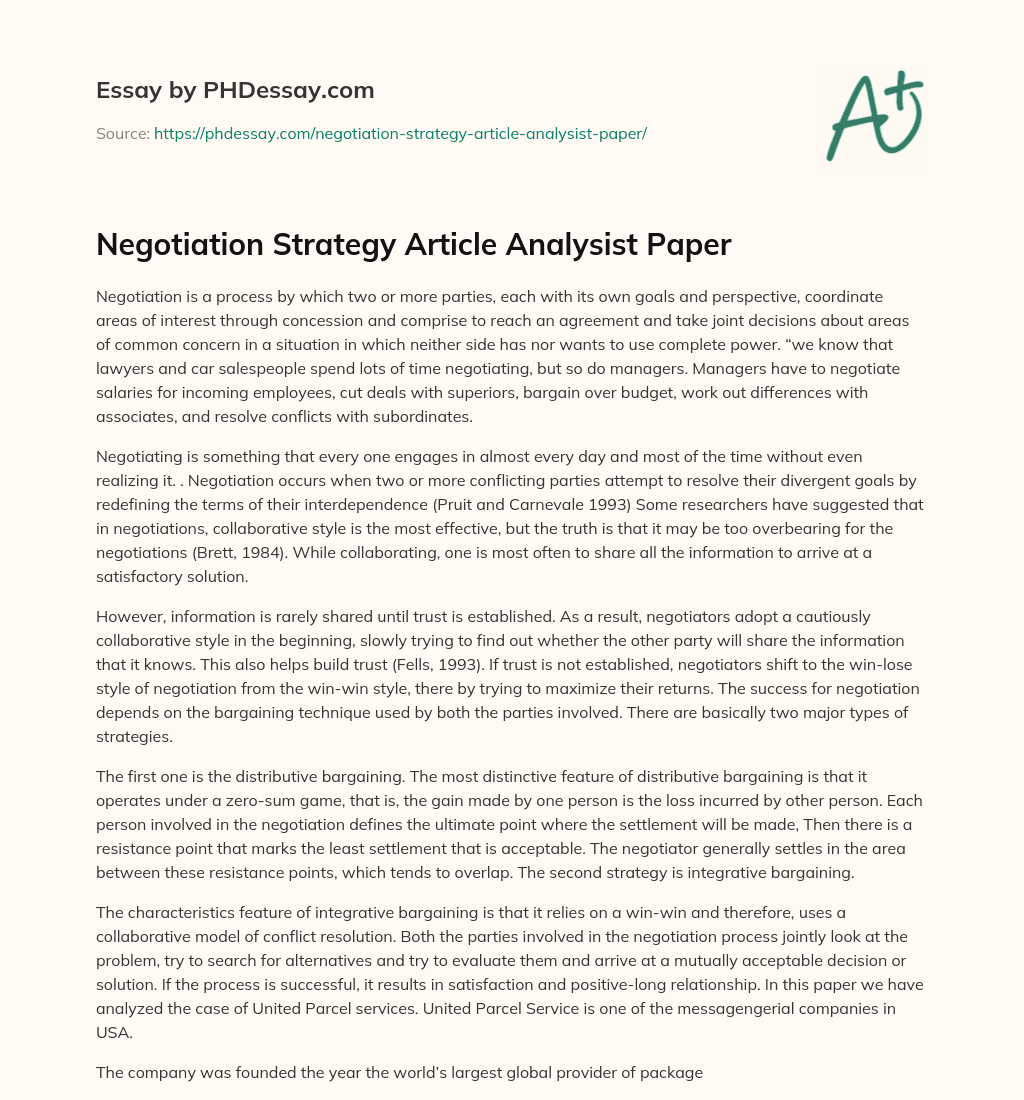 Negotiation Strategy Article Analysist Paper essay