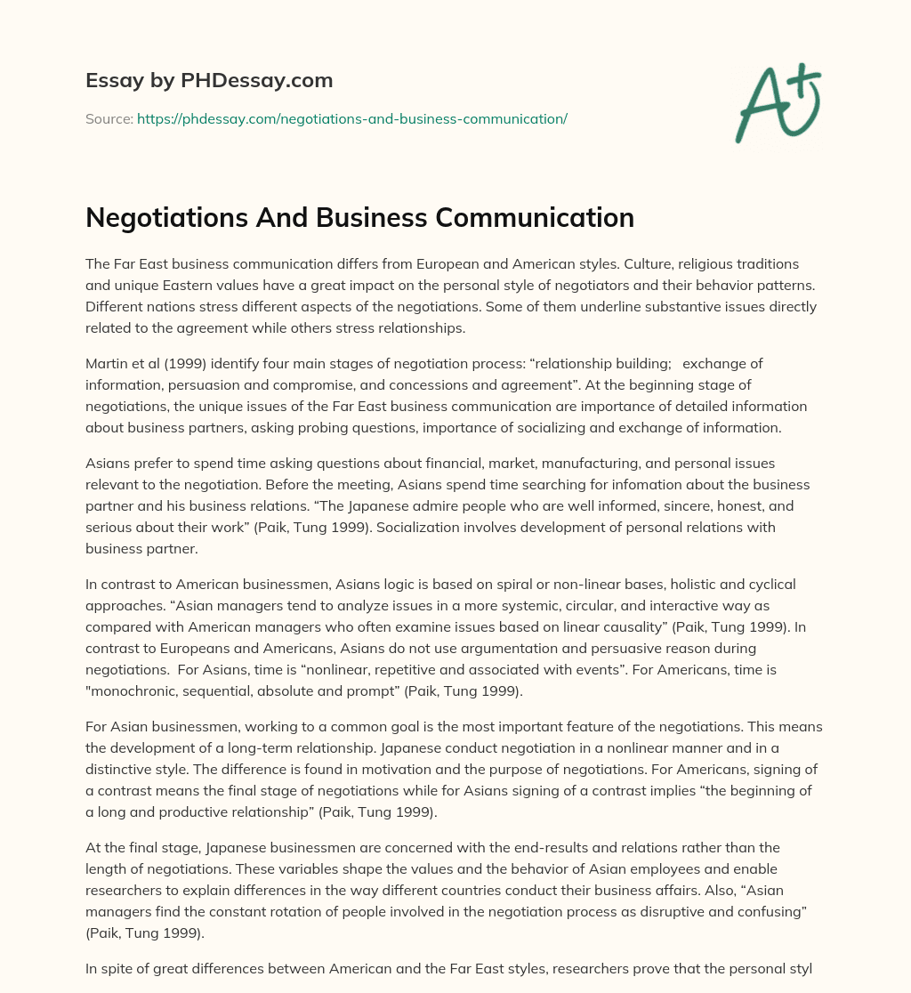 Negotiations And Business Communication essay