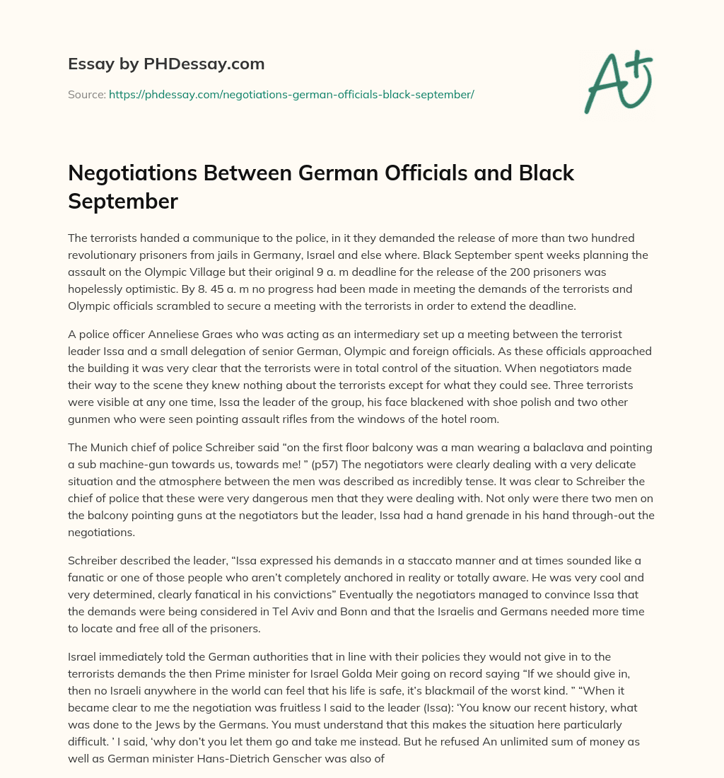Negotiations Between German Officials and Black September essay