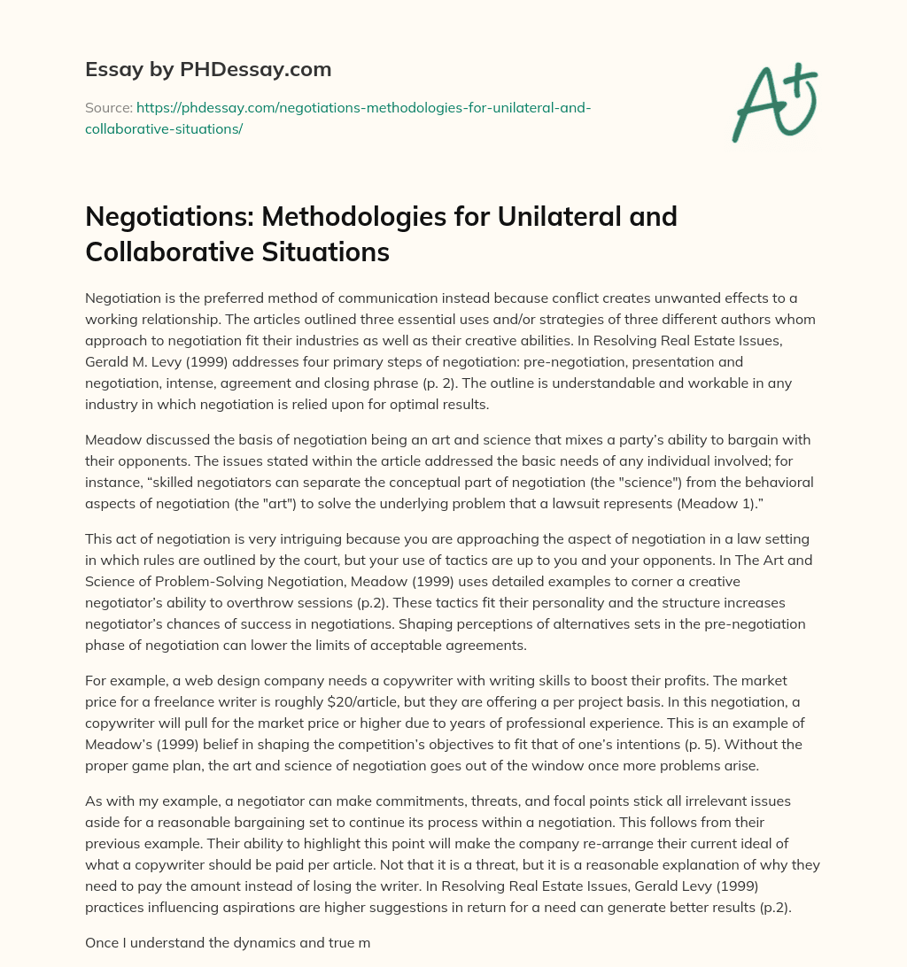 Negotiations:  Methodologies for Unilateral and Collaborative Situations essay