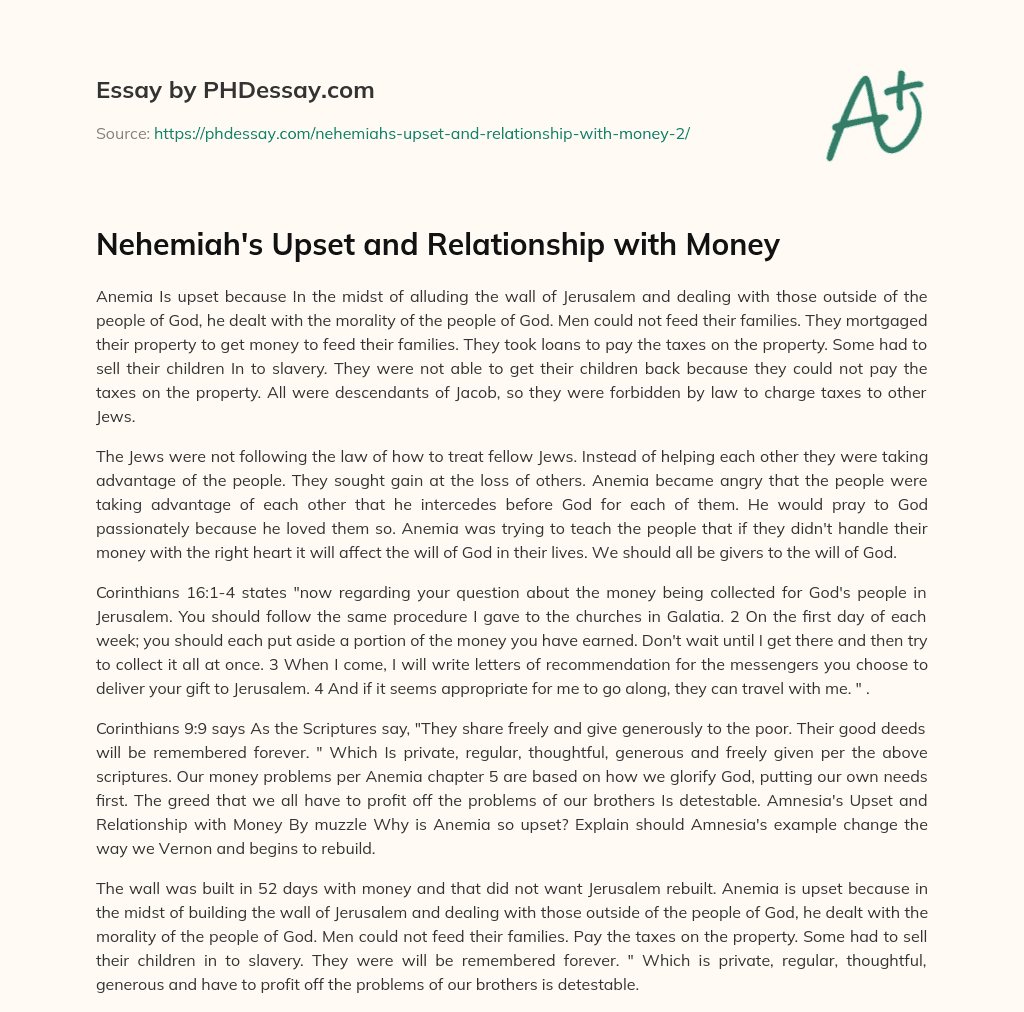 Nehemiah’s Upset and Relationship with Money essay