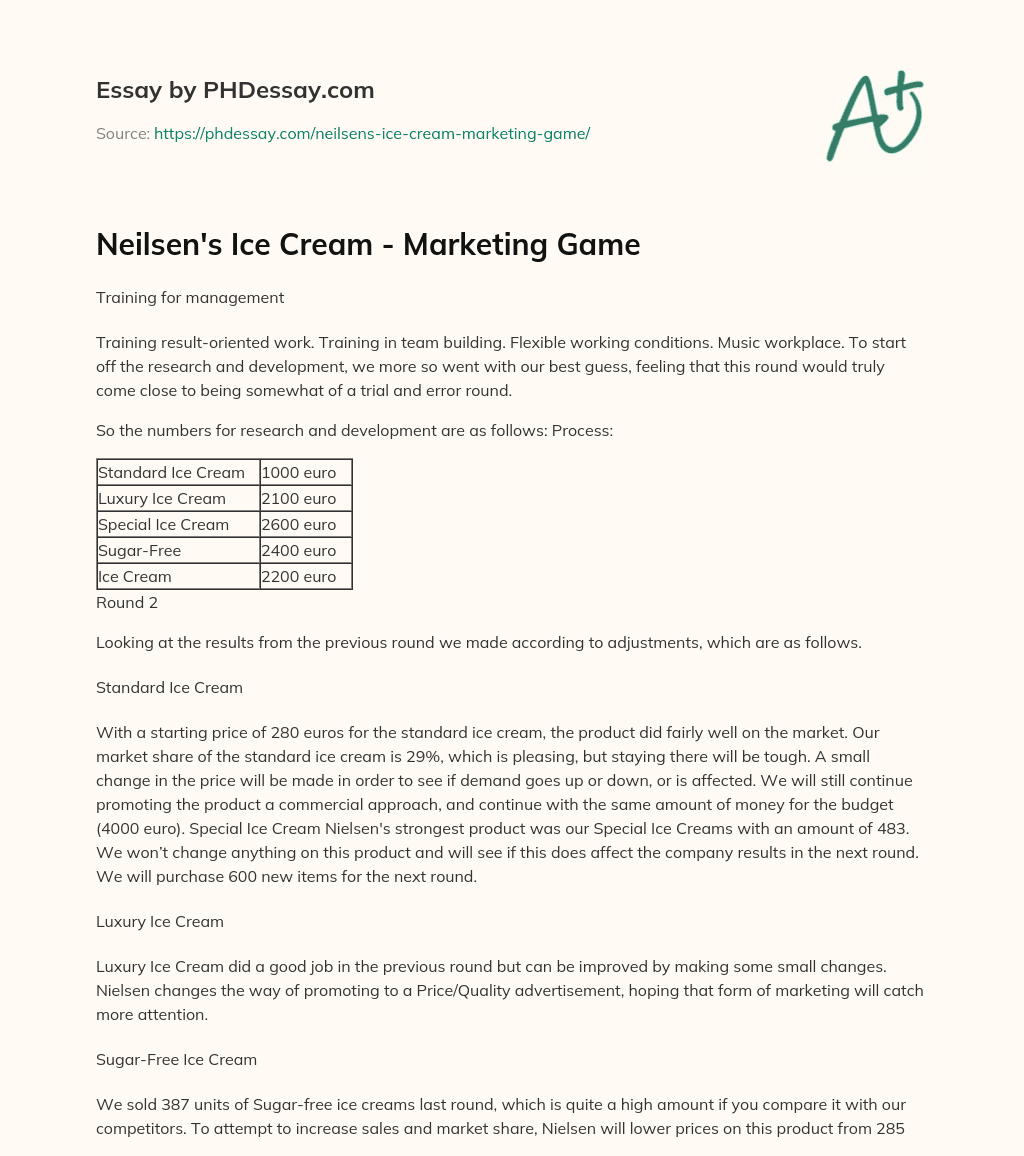 Neilsen’s Ice Cream – Marketing Game essay