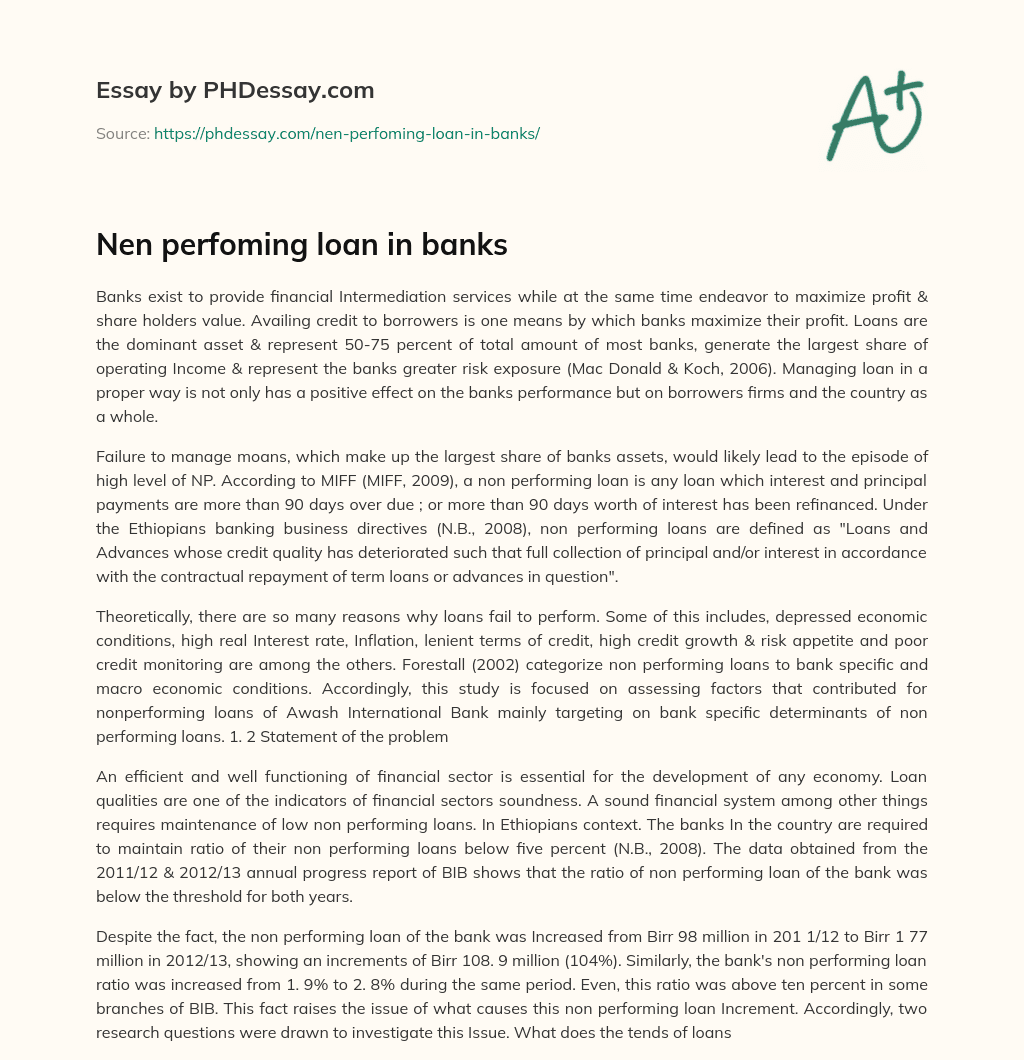 Nen perfoming loan in banks essay