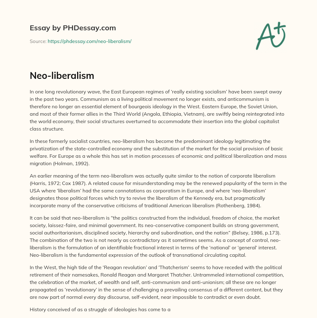 The Fall of Communism and the Rise of Neo-Liberalism in Eastern Europe and the Third World. essay