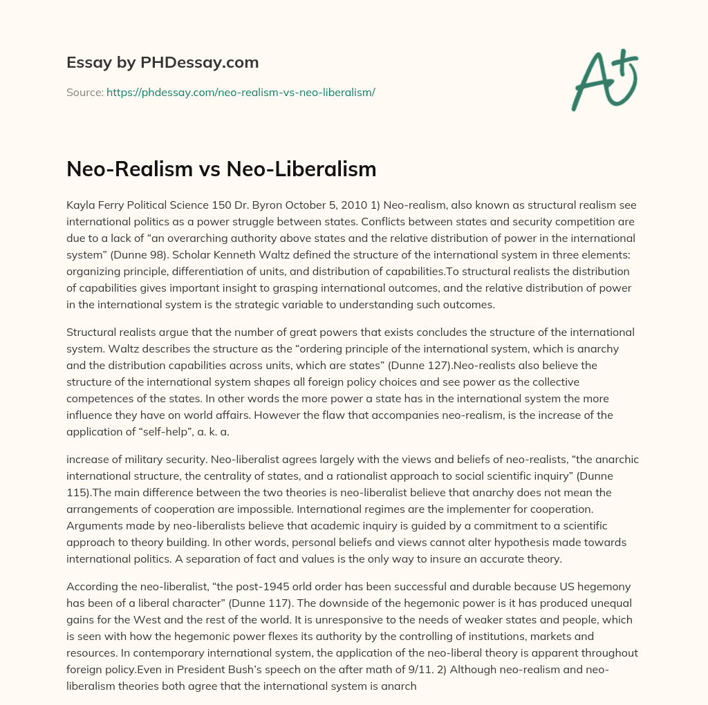 Neo-Realism vs Neo-Liberalism essay