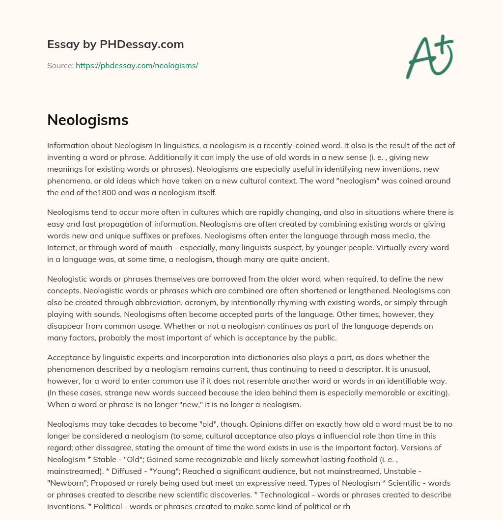 Neologisms: Newly-Coined Words and Their Significance in Language and Culture essay