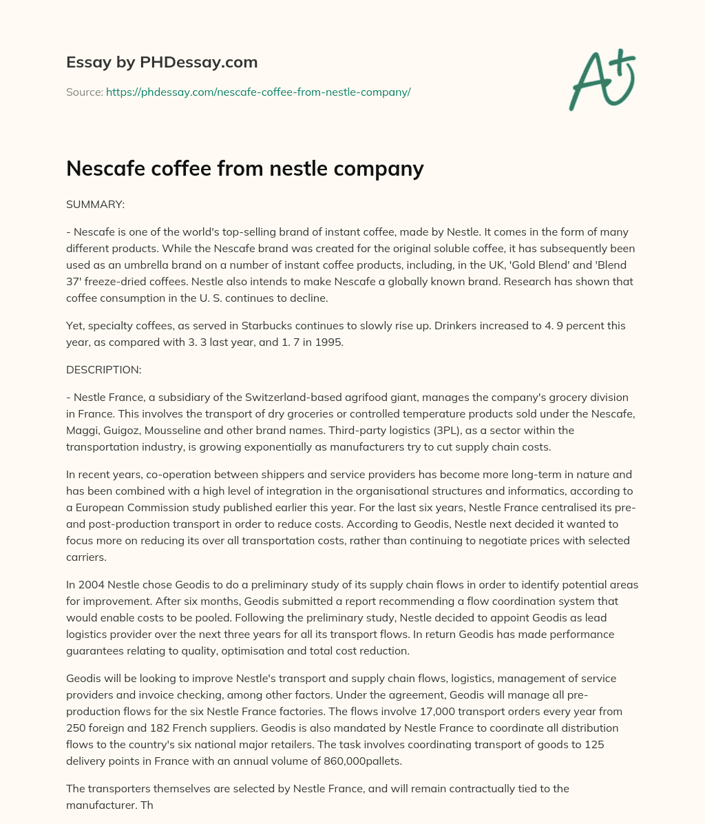 Nescafe coffee from nestle company essay