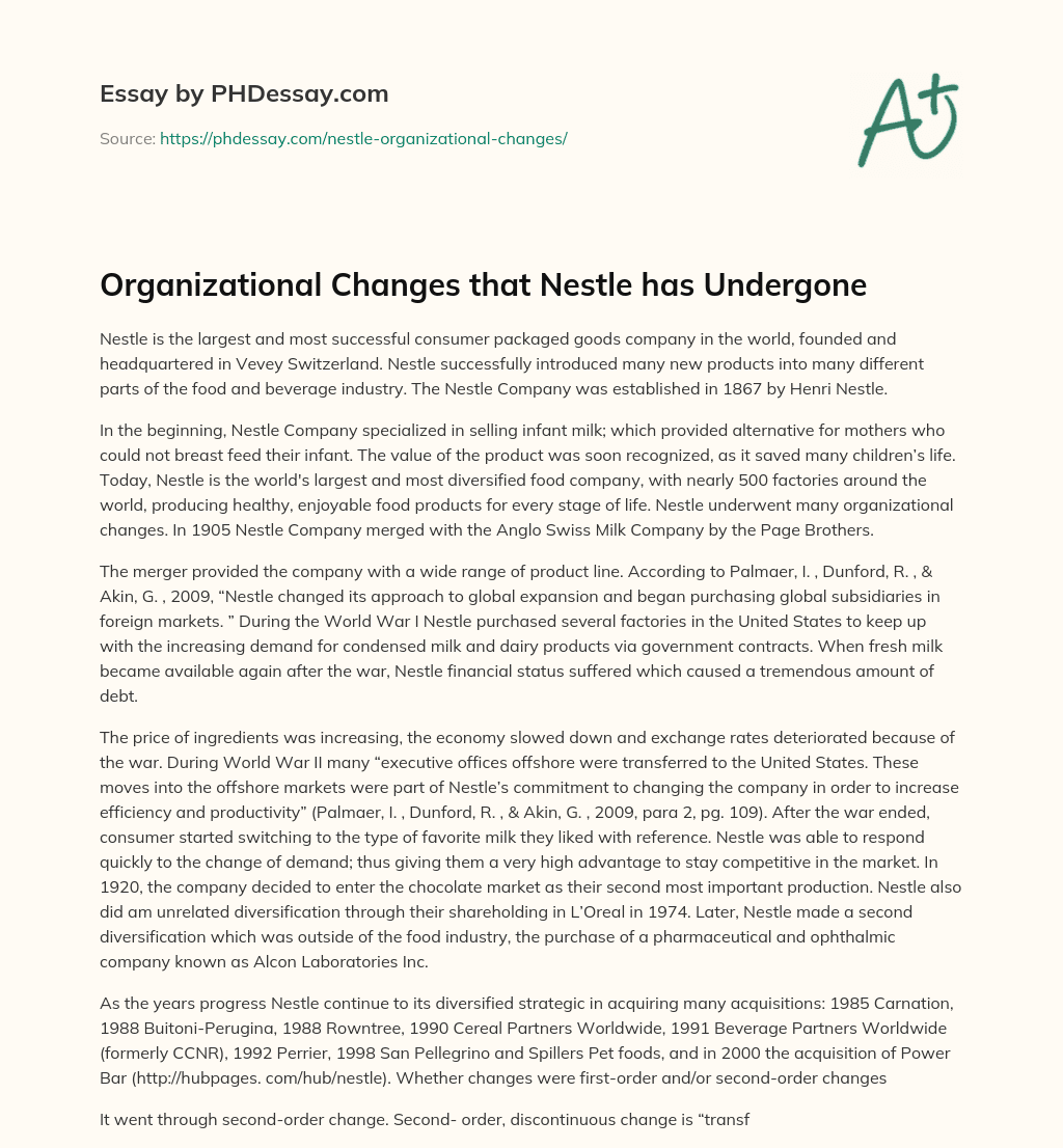 Organizational Changes that Nestle has Undergone essay