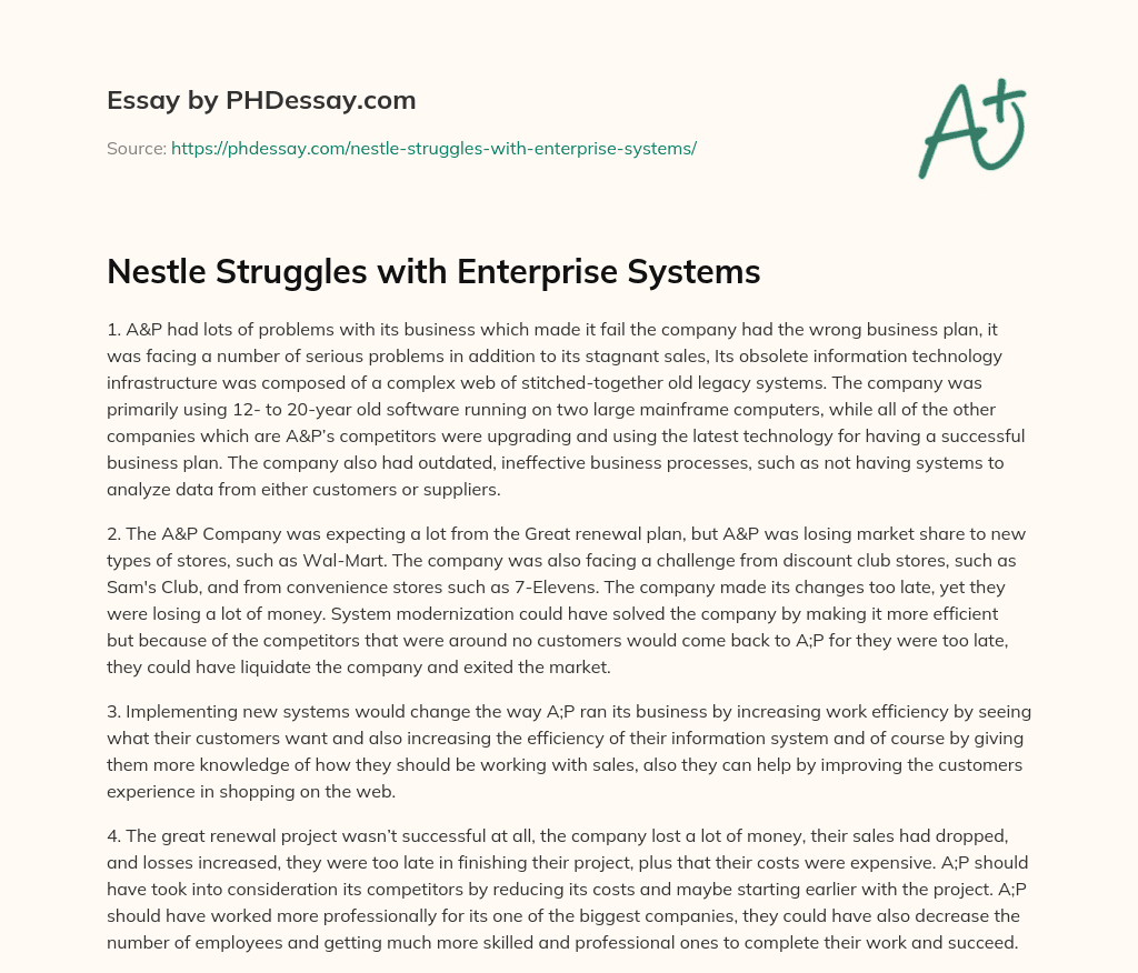 Nestle Struggles with Enterprise Systems essay