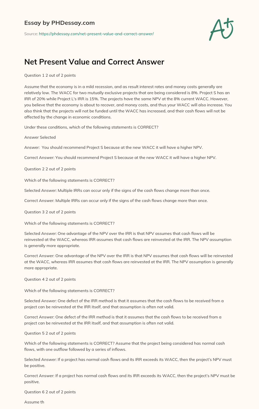 Net Present Value and Correct Answer essay