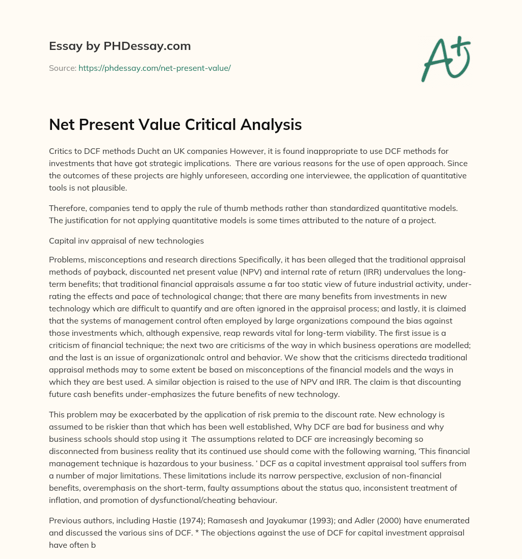 Net Present Value Critical Analysis essay