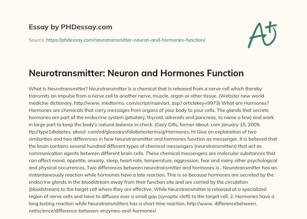 Neurotransmitter: Neuron and Hormones Function essay