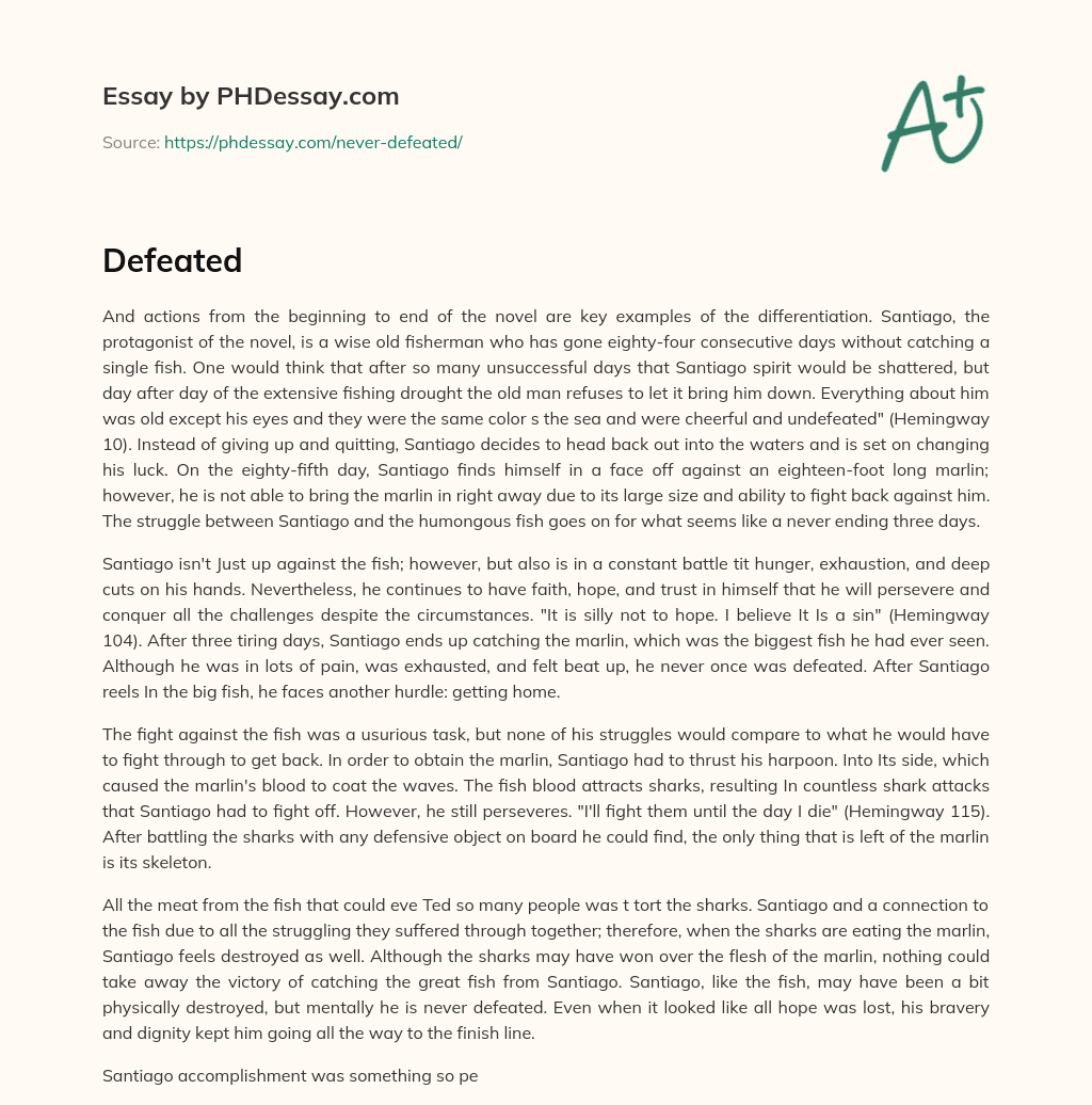 Perseverance and determination of the protagonist in The Old Man and the Sea essay