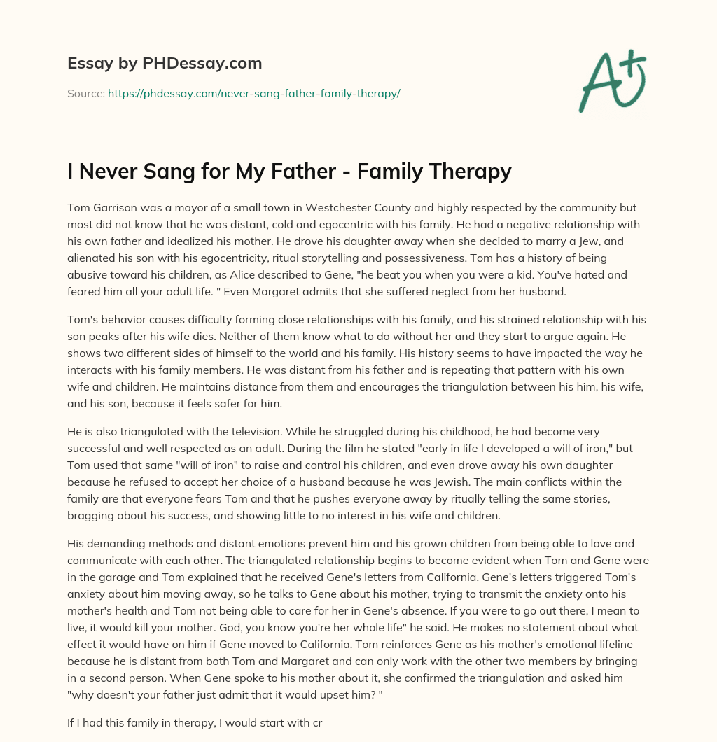 I Never Sang for My Father – Family Therapy essay