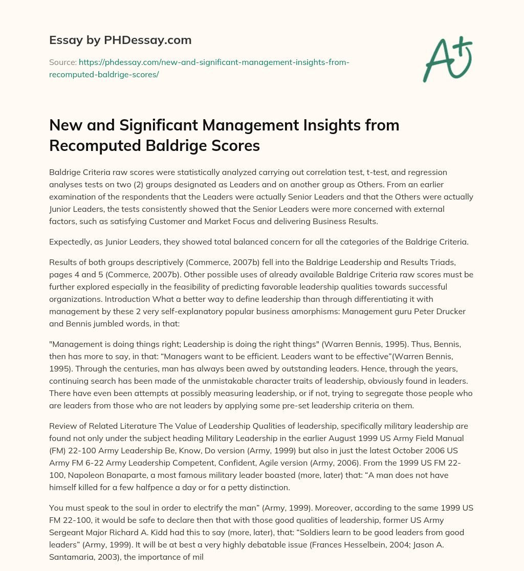 New and Significant Management Insights from Recomputed Baldrige Scores essay