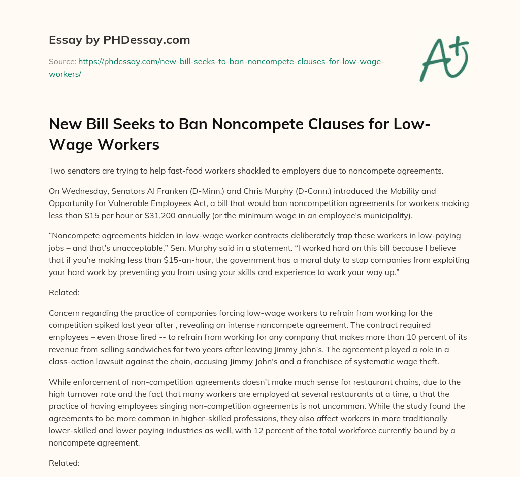New Bill Seeks to Ban Noncompete Clauses for Low-Wage Workers essay