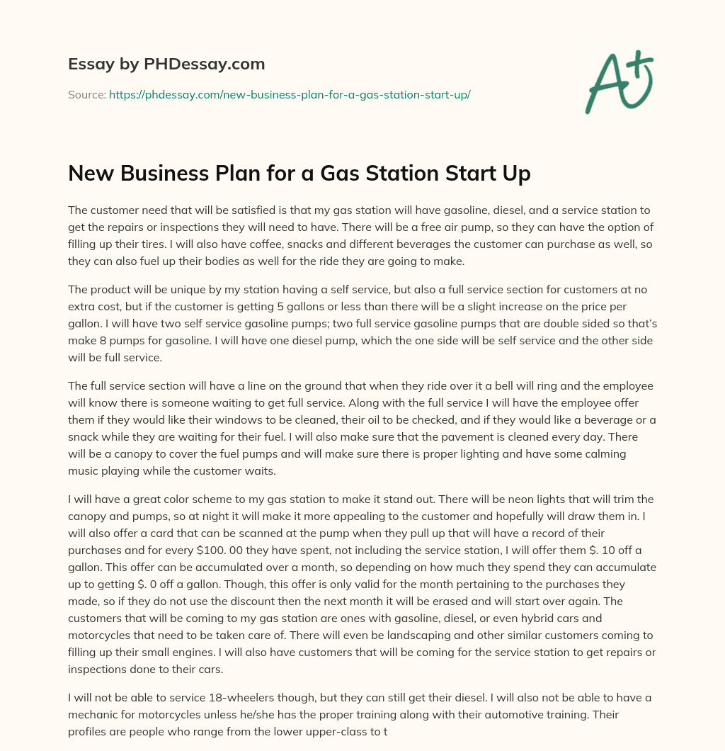 New Business Plan for a Gas Station Start Up essay