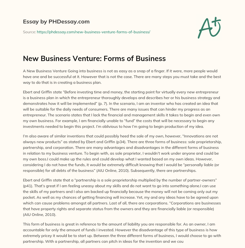 New Business Venture: Forms of Business essay