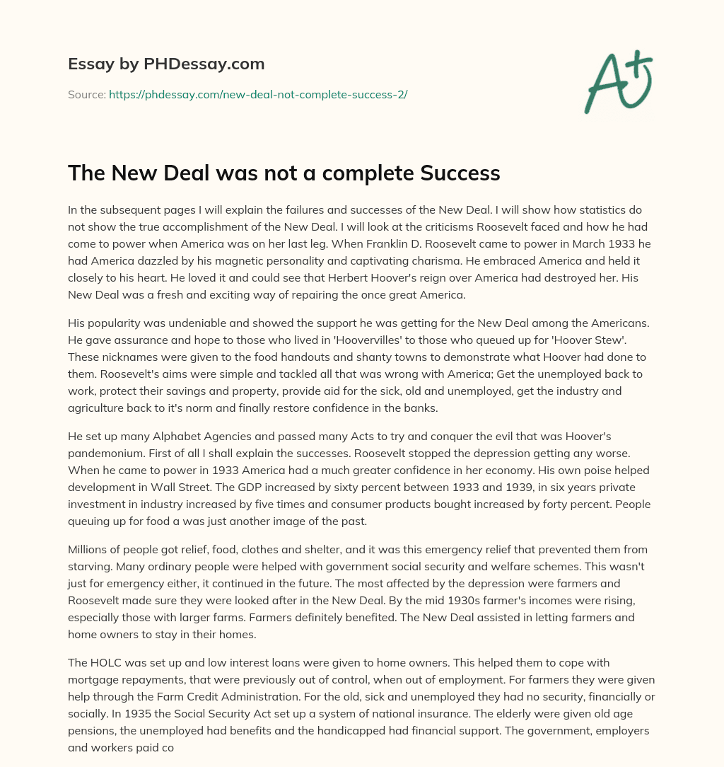 The New Deal was not a complete Success essay