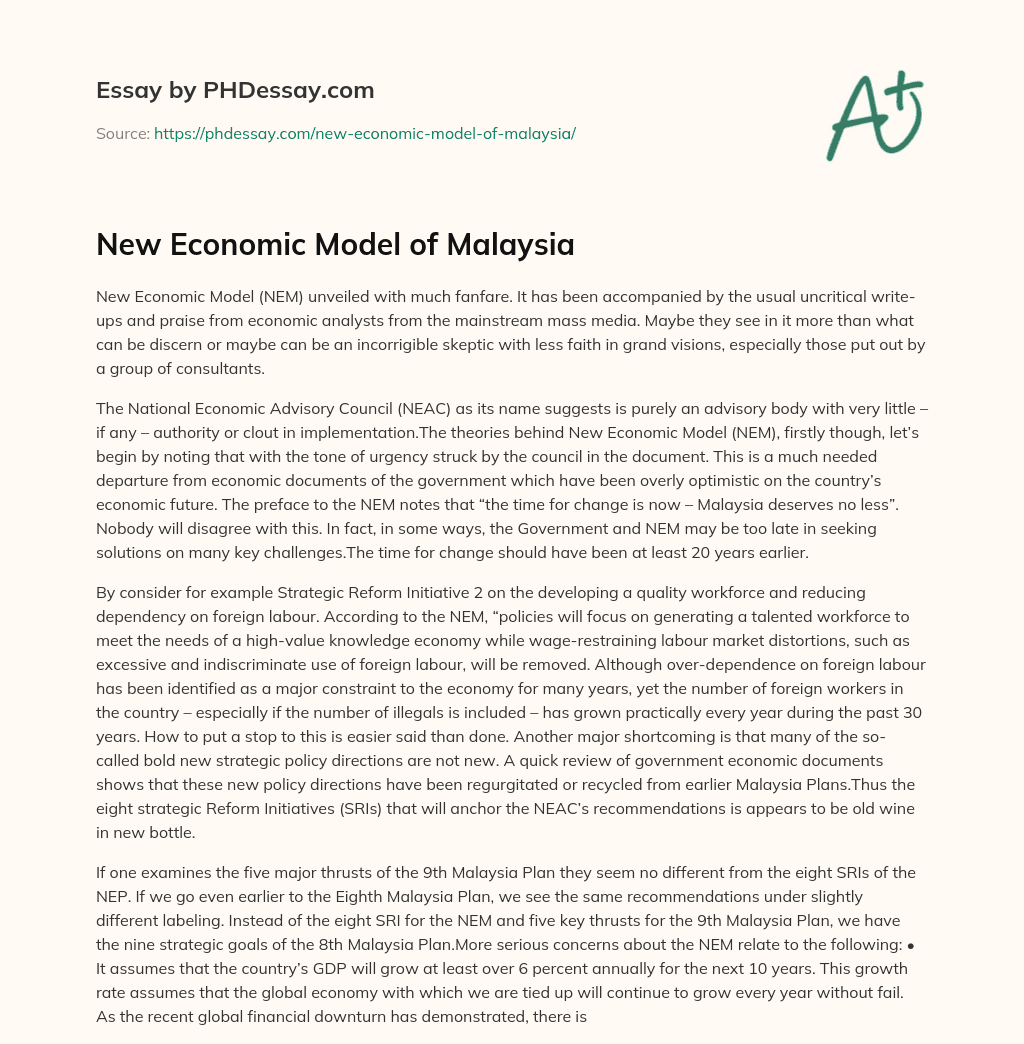 New Economic Model of Malaysia essay