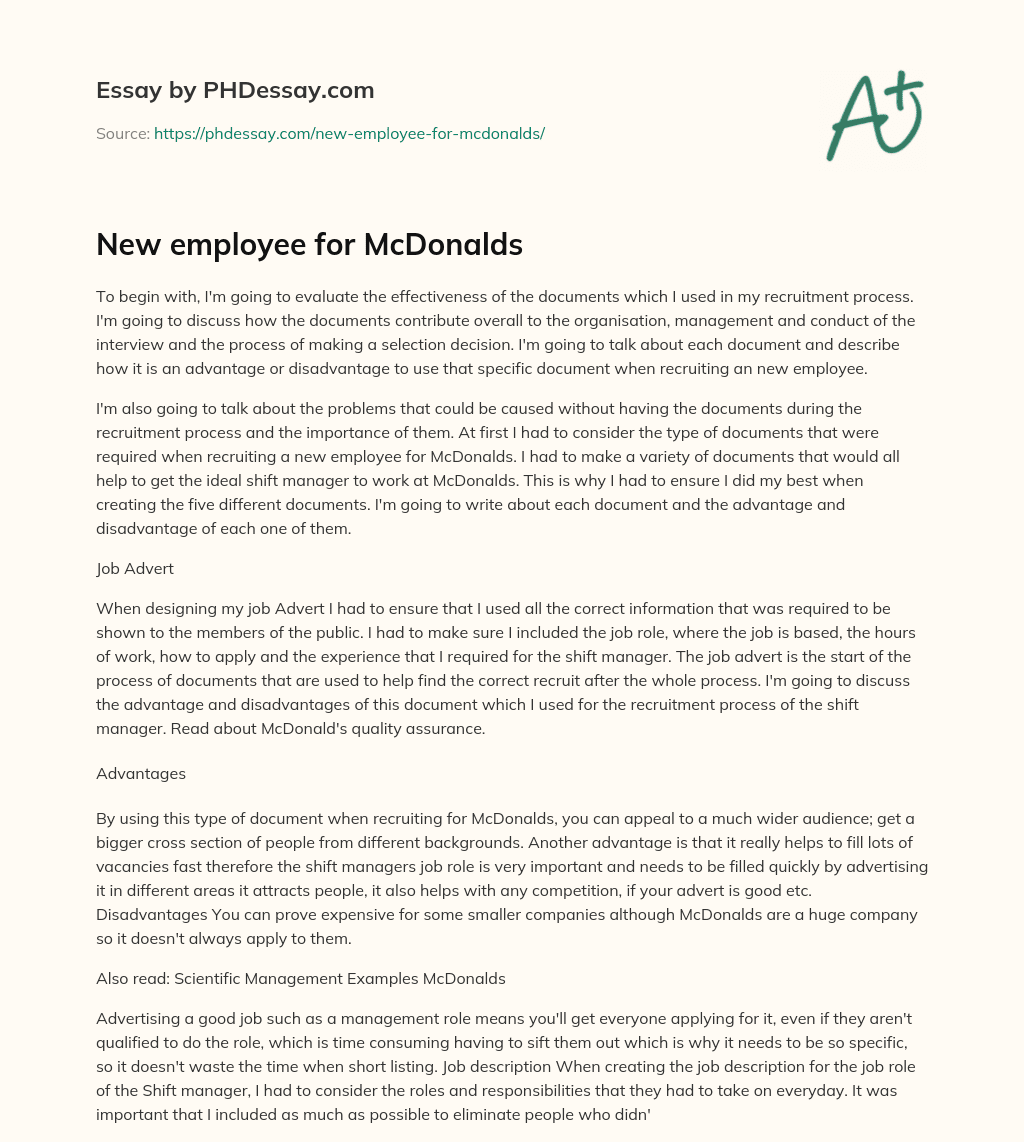 New employee for McDonalds essay