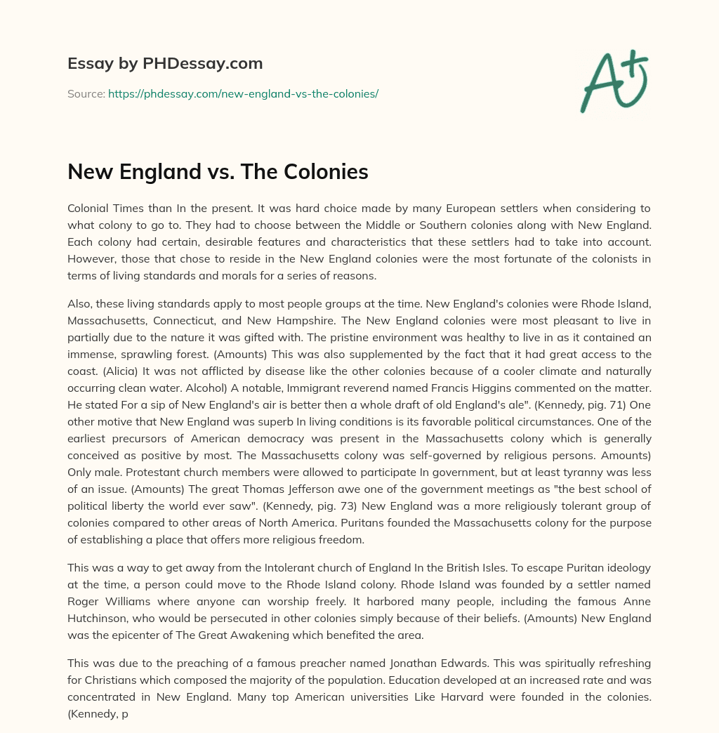 New England vs. The Colonies essay