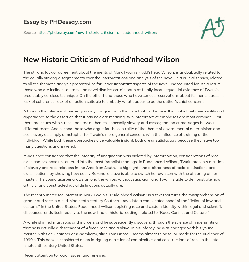 New Historic Criticism of Pudd’nhead Wilson essay