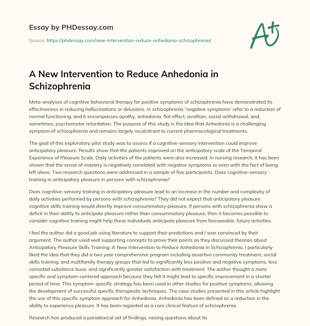 A New Intervention to Reduce Anhedonia in Schizophrenia essay