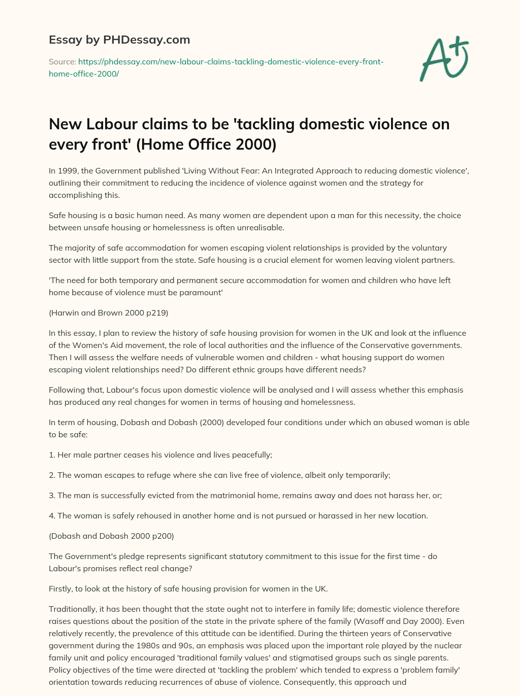 New Labour claims to be ‘tackling domestic violence on every front’ (Home Office 2000) essay