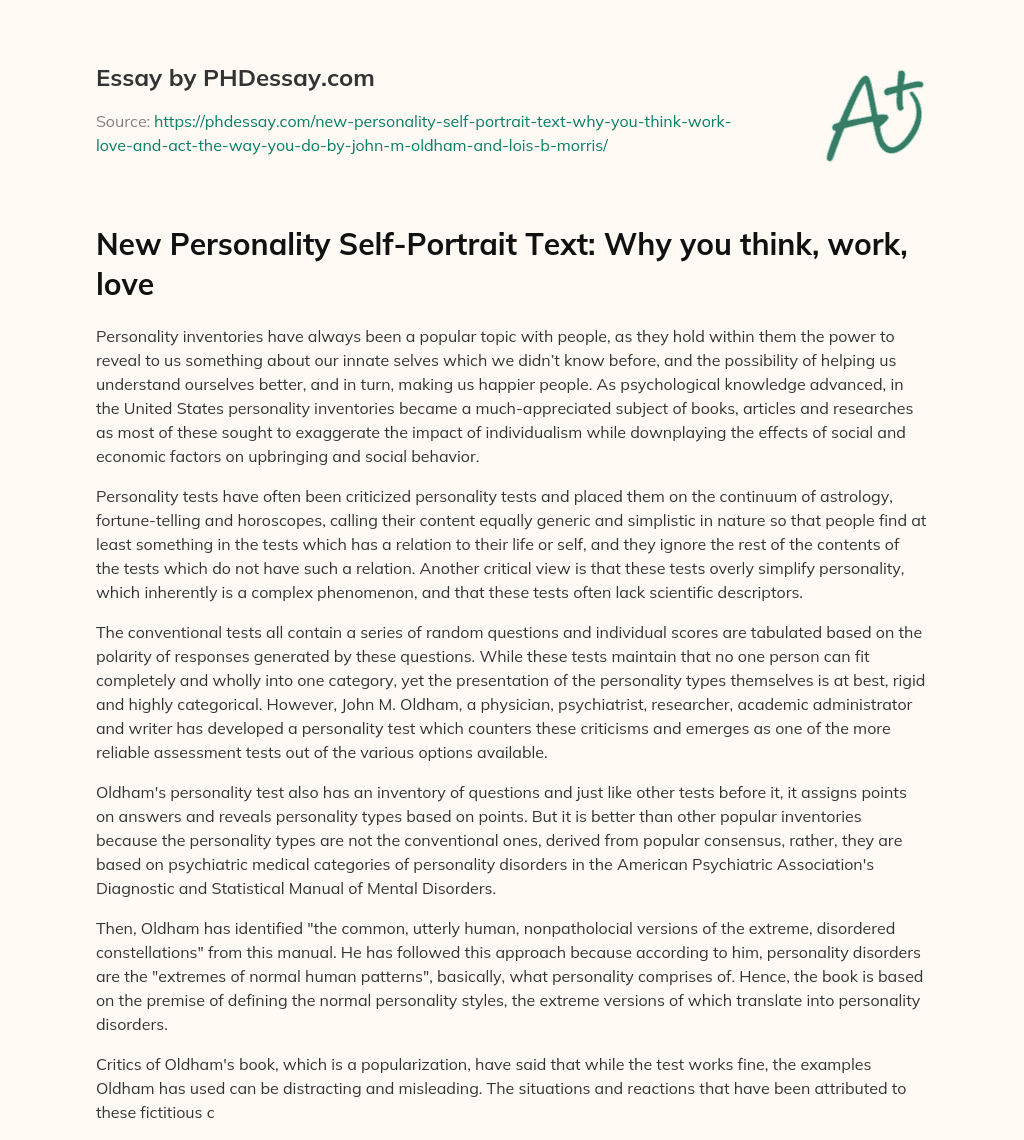 New Personality Self-Portrait Text: Why you think, work, love essay