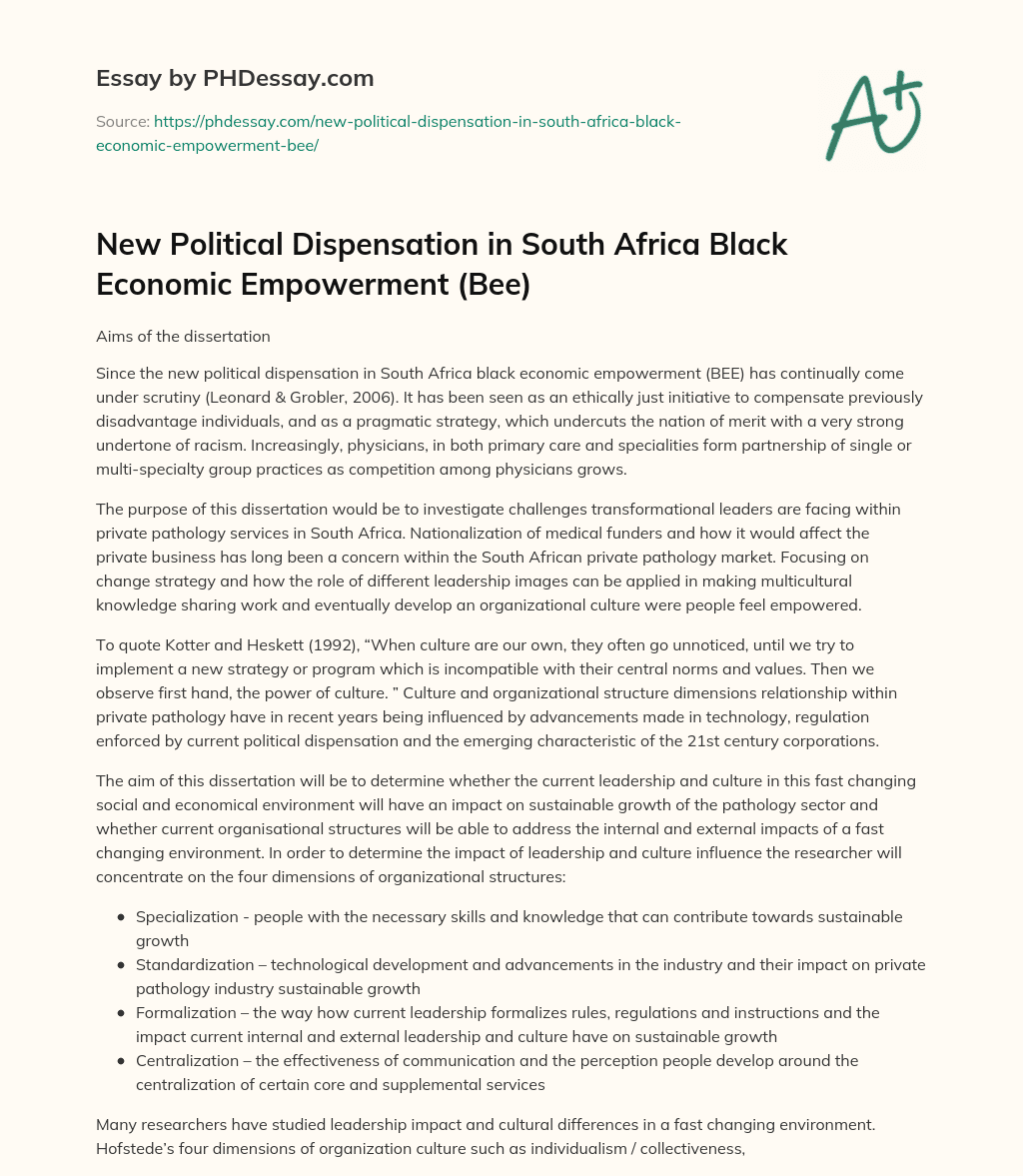 New Political Dispensation in South Africa Black Economic Empowerment (Bee) essay